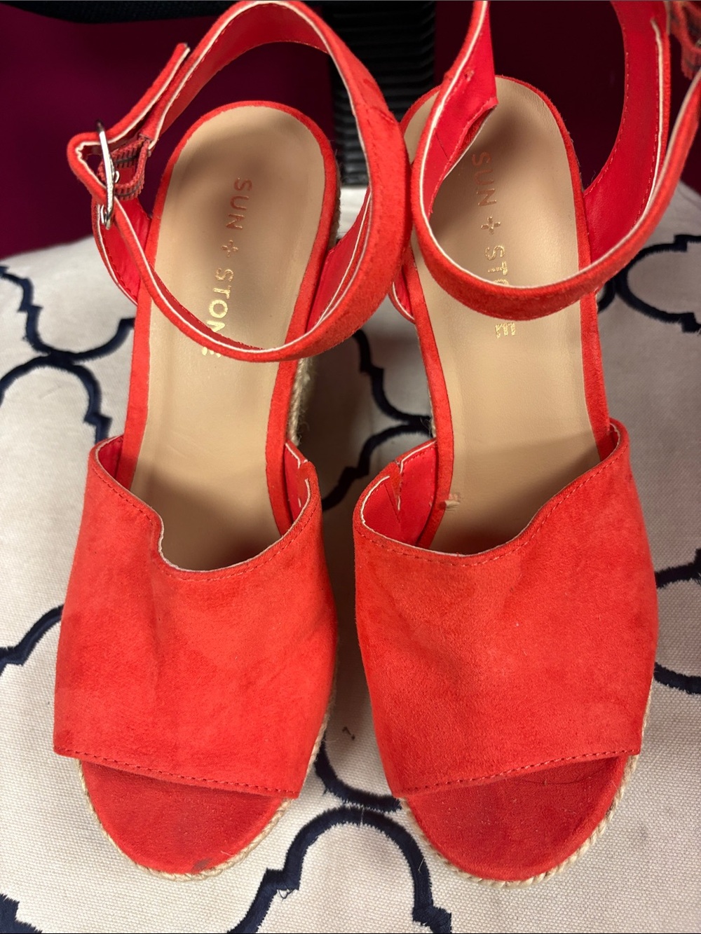 Sun + Stone Coral Suede Ankle-Strap Espadrille Wedges